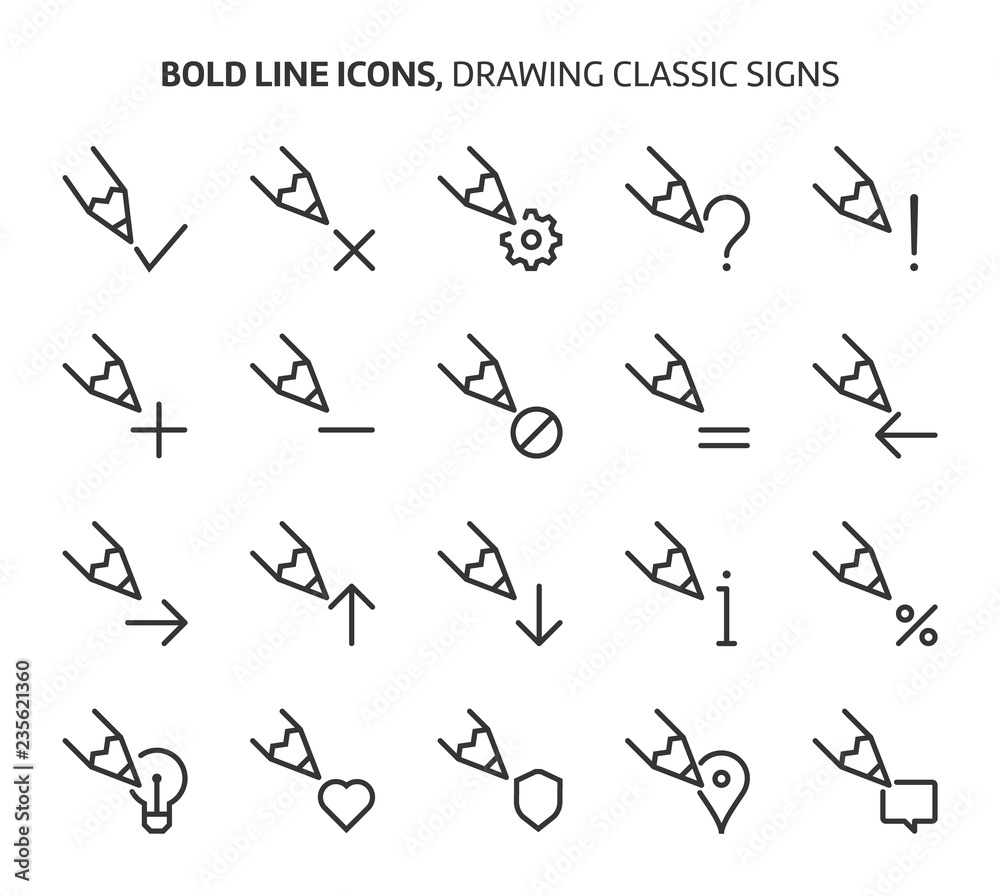 Drawing signs, bold line icons. The illustrations are a vector, editable stroke, 48x48 pixel perfect files. Crafted with precision and eye for quality.