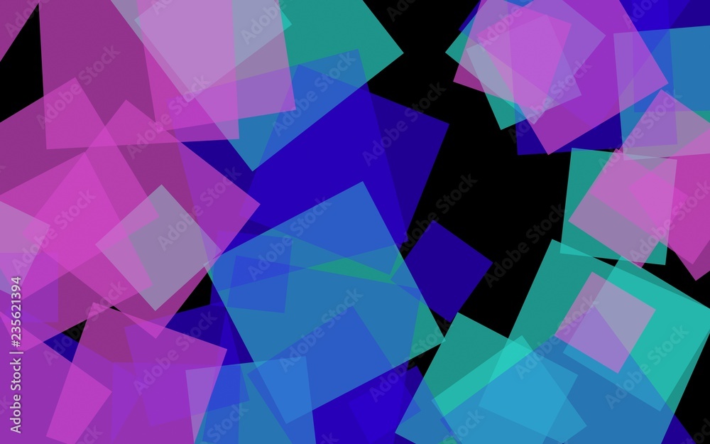 Multicolored translucent squares on dark background. Pink tones. 3D illustration Multicolored translucent squares on dark background. Pink tones. 3D illustration
