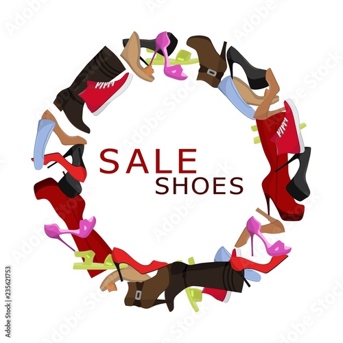 Female shoes Sale round frame, Colorful shoes and boots for women in the shape of a circle banner. Shopping vector illustartion