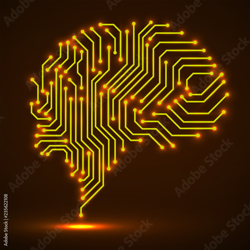 Abstract technological neon brain. Circuit board. Vector