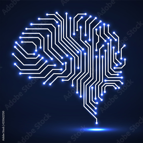 Abstract technological neon brain. Circuit board. Vector