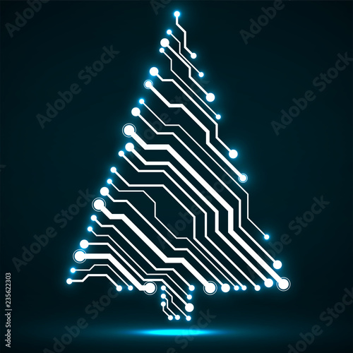 Abstract technology glowing Christmas tree, neon circuit board