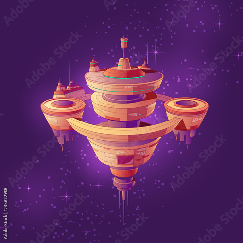 Futuristic starship, intergalactic space station or future orbital city among stars cartoon vector illustration. Deep space exploration and colonization. Science fiction extraterrestrial technologies