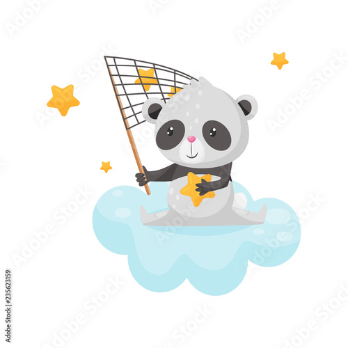 Cute panda bear sitting on a cloud with a net for catching stars, lovely animal cartoon character, good night design element, sweet dreams vector Illustration
