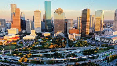 Houston's  panoramic view of the downtown skyline, towering skyscrapers. photo