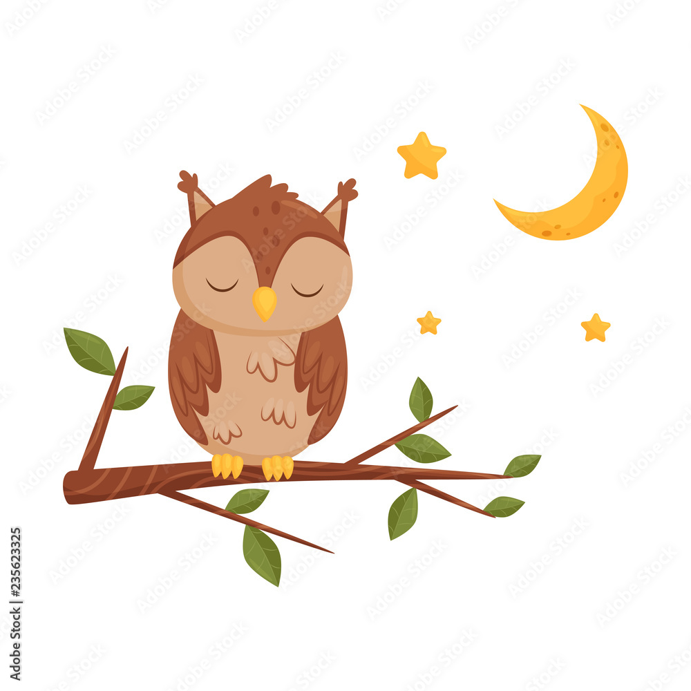 Fototapeta premium Cute sleeping owlet sitting on a branch, lovely bird cartoon character, good night design element, sweet dreams vector Illustration