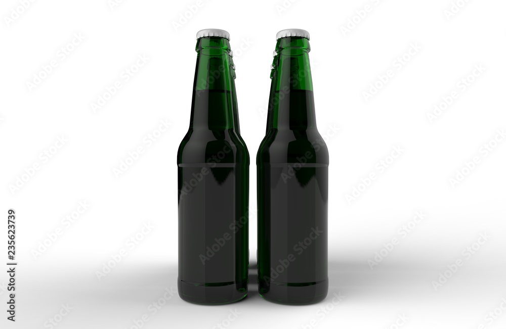 Glass transparent beer bottles mock up on white gray background with shadows and reflections. 3d render Glass transparent beer bottles mock up on white gray background with shadows and reflections. 3d render