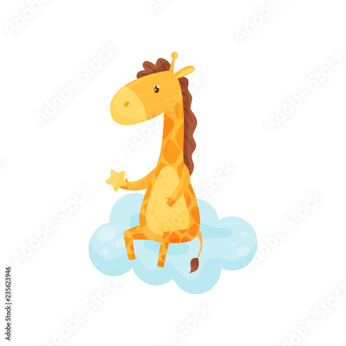 Cute sleepy little giraffe sitting on a cloud, lovely animal cartoon character, good night design element, sweet dreams vector Illustration © Happypictures
