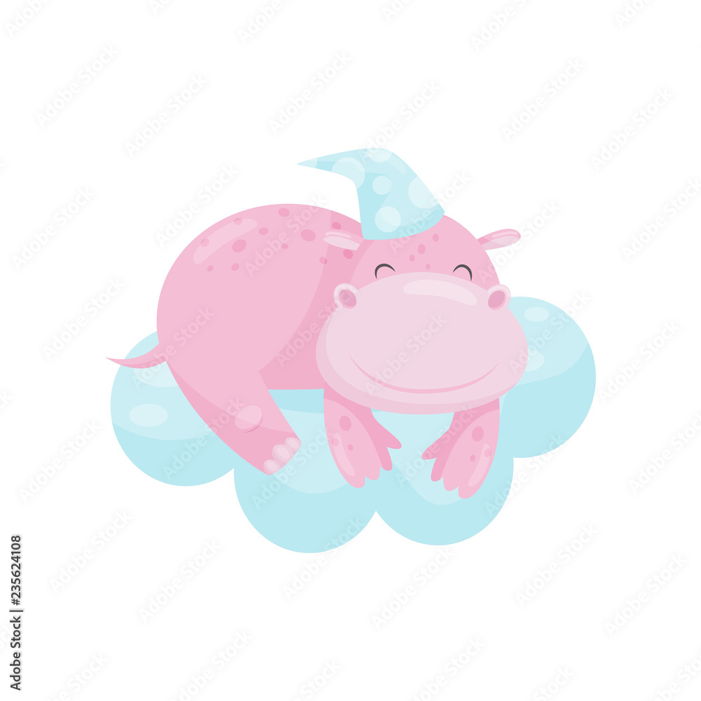Cute little hippo sleeping on a cloud, lovely animal cartoon character, good night design element, sweet dreams vector Illustration