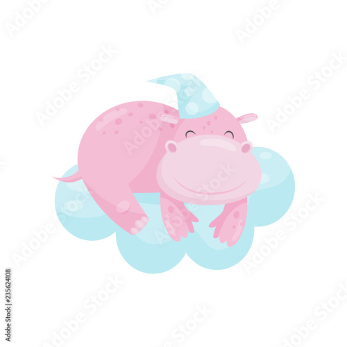 Cute little hippo sleeping on a cloud, lovely animal cartoon character, good night design element, sweet dreams vector Illustration