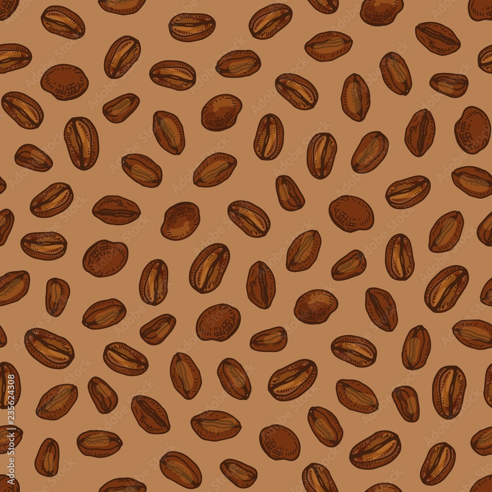 Elegant seamless pattern with roasted coffee seeds or beans scattered on brown background. Realistic hand drawn vector illustration in vintage style for textile print, wrapping paper, wallpaper. Elegant seamless pattern with roasted coffee seeds or beans scattered on brown background. Realistic hand drawn vector illustration in vintage style for textile print, wrapping paper, wallpaper.