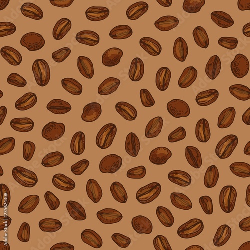 Elegant seamless pattern with roasted coffee seeds or beans scattered on brown background. Realistic hand drawn vector illustration in vintage style for textile print, wrapping paper, wallpaper. photo