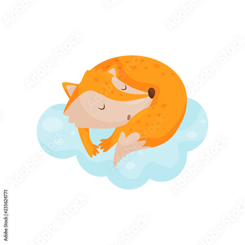 Cute little fox sleeping on a cloud, lovely animal cartoon character, good night design element, sweet dreams vector Illustration
