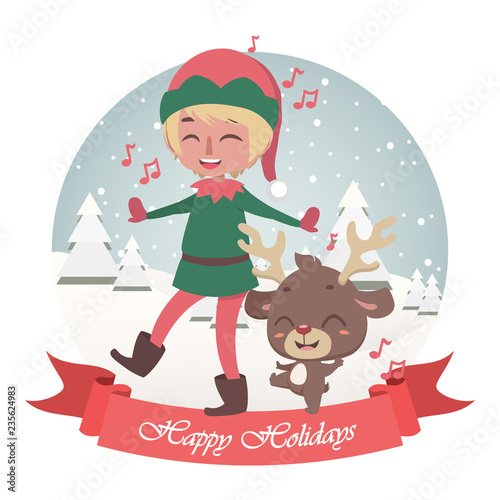 Cute Christmas greeting with singing jolly elf and reindeer