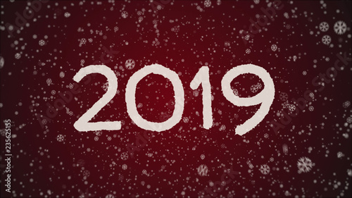 Greeting card Happy New Year 2019, falling snow, white letters, redbackground