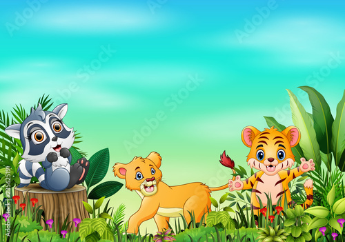 Animal cartoons in beautiful gardens with a blue sky © dreamblack46