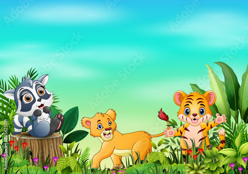 Animal cartoons in beautiful gardens with a blue sky