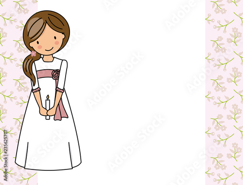 my first communion girl. Little girl in a communion dress, a candle and flower background. 
