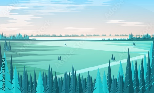 Banner template with natural scenery or landscape, green coniferous forest trees on foreground, large field, horizon line and clear sky on background. Colored vector illustration in modern flat style.