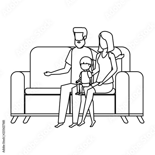 parents couple with daughter in the sofa