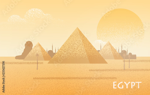 Beautiful Egypt desert landscape with silhouettes of Giza pyramid complex, statue of Great Sphinx, traditional buildings and large scorching sun on background