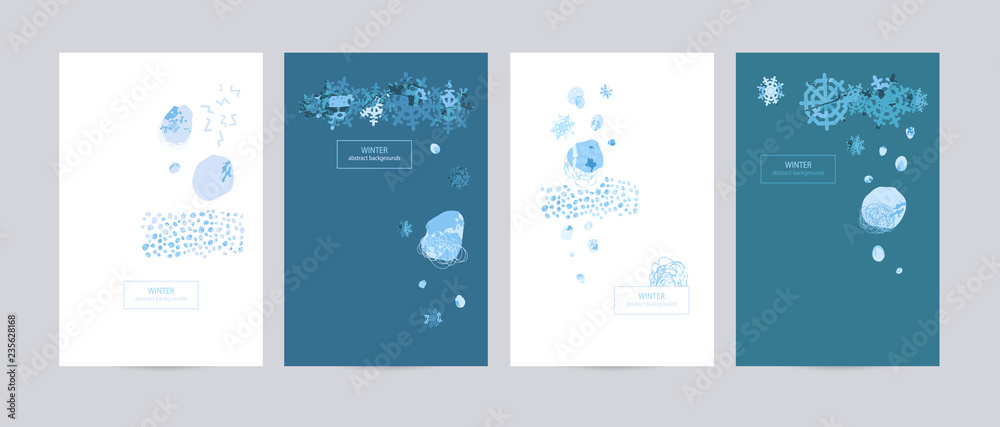 Set abstract cover templates for Christmas designs. Art Backgrounds for Christmas flyers, parties, blue geometric shapes, snowflakes, hand-drawing.