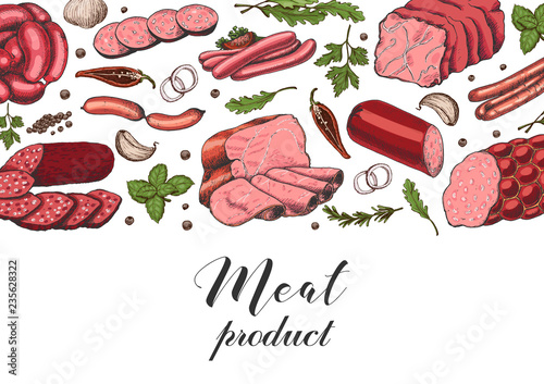Horizontal background with different color meat products in sketch style. Sausages, ham, bacon, lard, salami