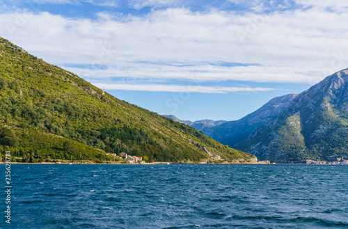 Beautiful view of the water, the Montenegrin landscape. Summer panoramic view of the Kotor Bay. September2018