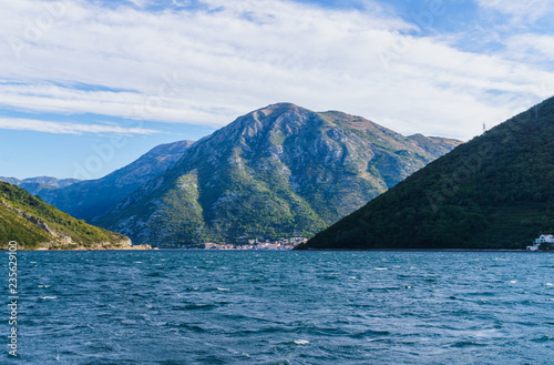 Beautiful view of the water, the Montenegrin landscape. Summer panoramic view of the Kotor Bay. September2018