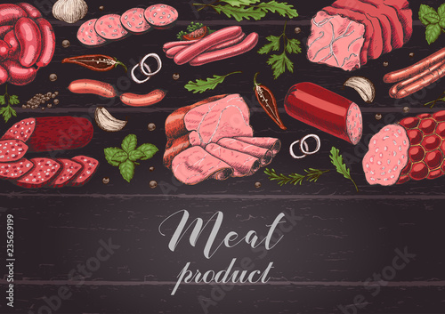 Horizontal background with different color meat products in sketch style. Sausages, ham, bacon, lard, salami