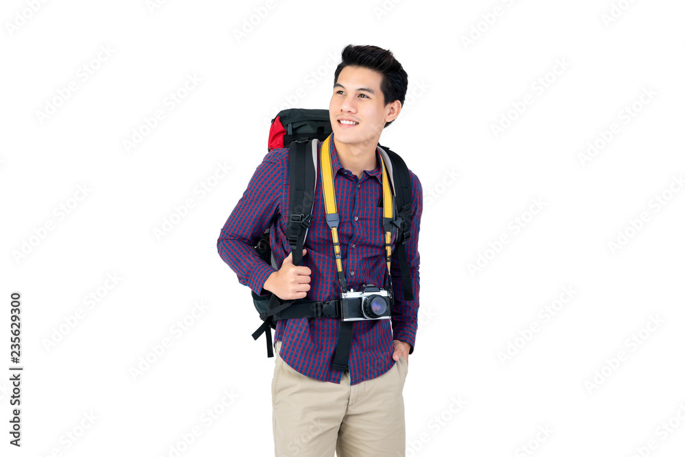 Isolated Portrait of handsome young asian tourist man with backpack and camera Isolated Portrait of handsome young asian tourist man with backpack and camera