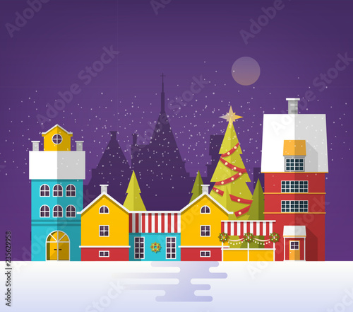Evening winter urban landscape with old city, town or village