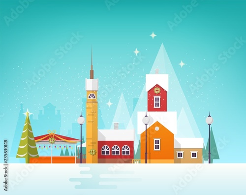 Beautiful view of winter city or town in snowfall