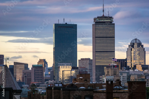 Boston skyline at sunset with skyscrapers
