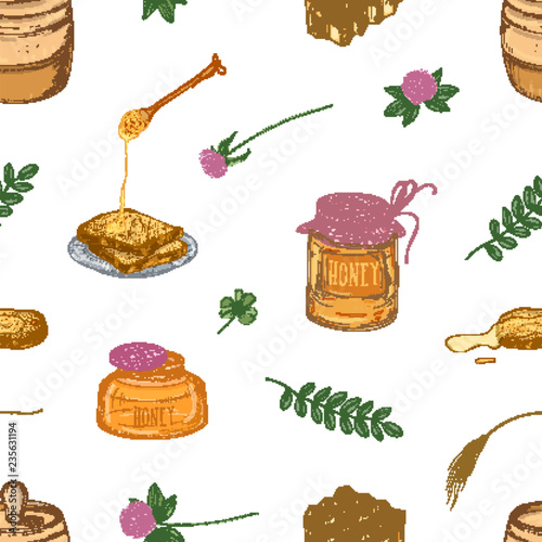 Hand drawn seamless pattern with delicious organic honey, dipper, bread slice...