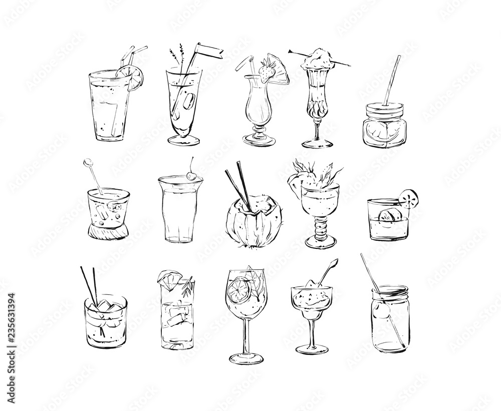 Hand drawn vector abstract ink graphic brush textured sketch drawing big collection set with alcoholic cocktails isolated on white background Hand drawn vector abstract ink graphic brush textured sketch drawing big collection set with alcoholic cocktails isolated on white background