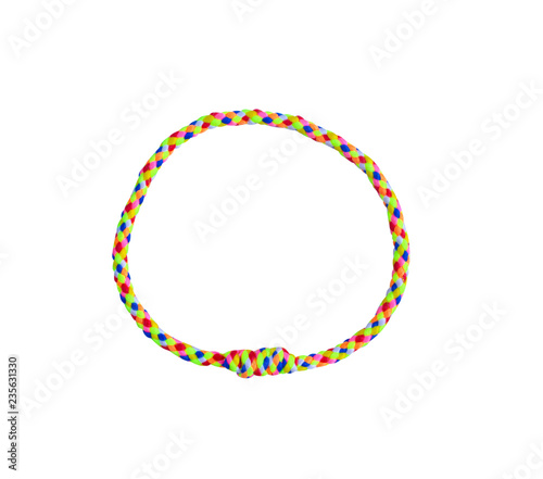 Top view multicolored bangle braided knit patterns isolated on white background with clipping path ( blue,green,orange,red,yellow ),handmade