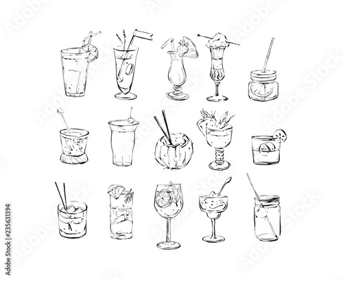 Hand drawn vector abstract ink graphic brush textured sketch drawing big collection set with alcoholic cocktails isolated on white background
