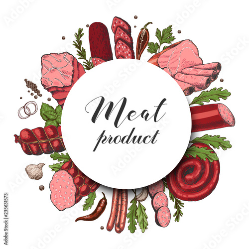 Isolated circle with different color meat products in sketch style. Vector illustration for your design