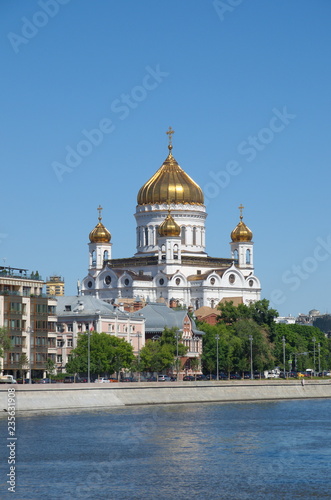 Summer view of the Cathedral of Christ the Saviour and Prechistenskaya embankment in Moscow, Russia