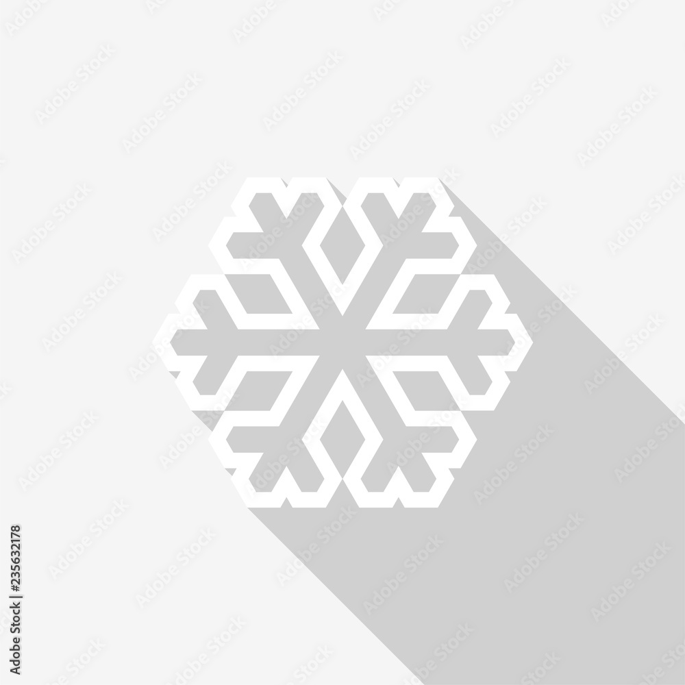 White snowflake outline icon with long shadow on white background. Vector Illustration EPS 10