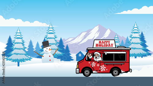 christmas food truck with cheerful santa claus