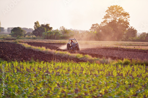 Bilde på lerret Field tractors are prepared because of growing agricultural crops in Asia