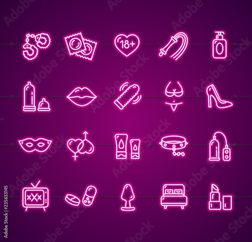 Sex Shop Signs Neon Thin Line Icon Set. Vector