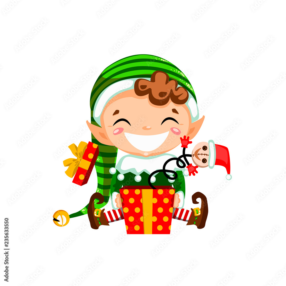 Christmas elf laughing and surprised by jack in the box. Vector illustration isolated on white background Christmas elf laughing and surprised by jack in the box. Vector illustration isolated on white background