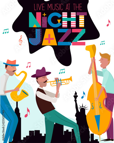 Canvas Print Jazz concert or festival poster template with New York landscape and characters playing musical instruments