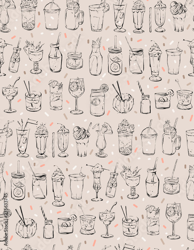 Hand drawn vector abstract ink graphic brush textured sketch drawing seamless pattern with big collection of cocktails and dessert drinks isolated on pastel background