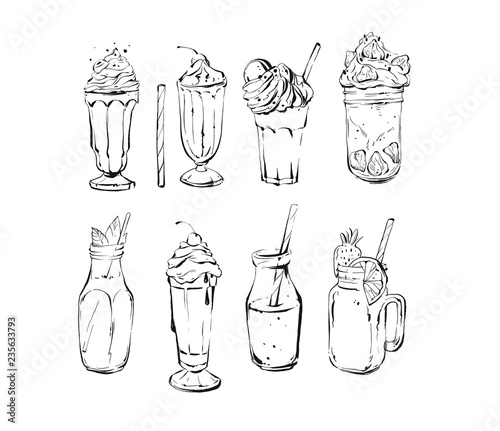 Hand drawn vector abstract ink graphic brush textured sketch drawing big collection set with lemonade,smoothie,coffee and dessert drinks cocktails isolated on white background