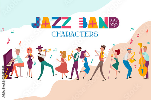 Jazz concert or festival poster template with characters playing musical instruments. Editable vector illustration