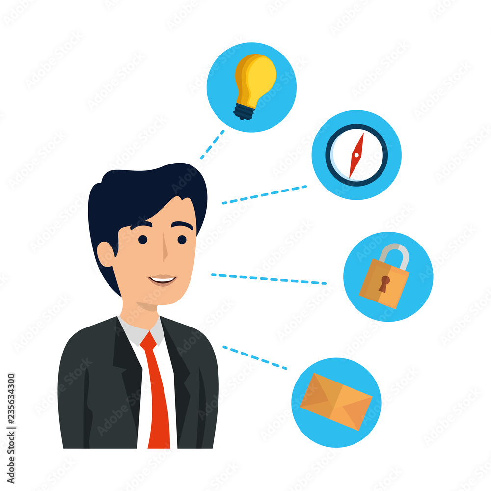 elegant businessman with set business icons elegant businessman with set business icons
